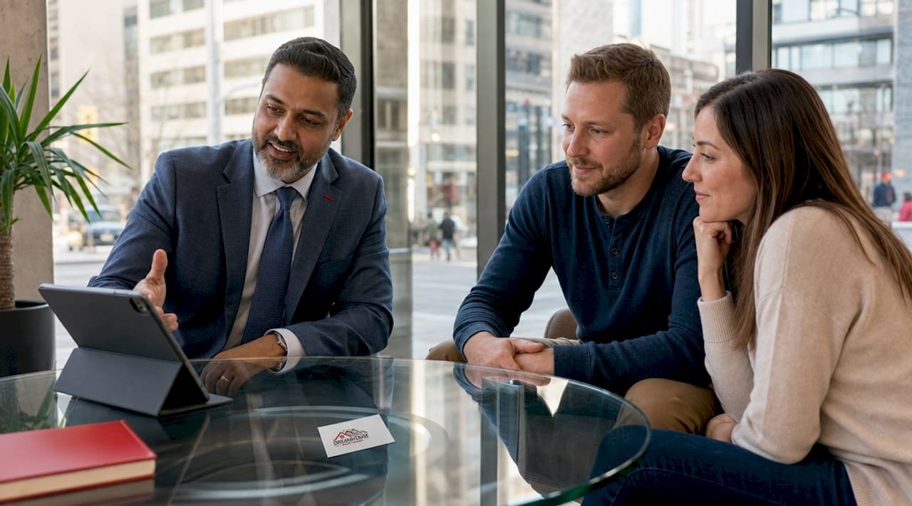 Mortgage broker consulting couple at table