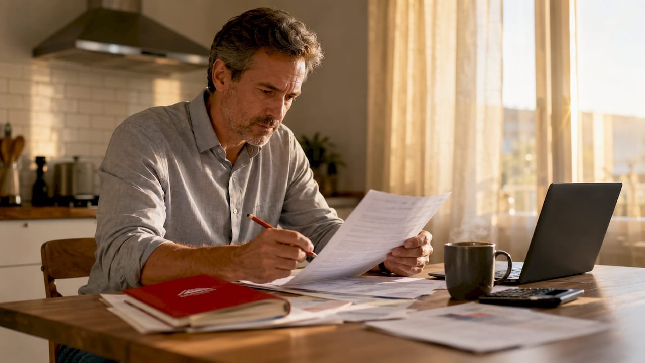 Man reviewing mortgage renewal documents at desk
