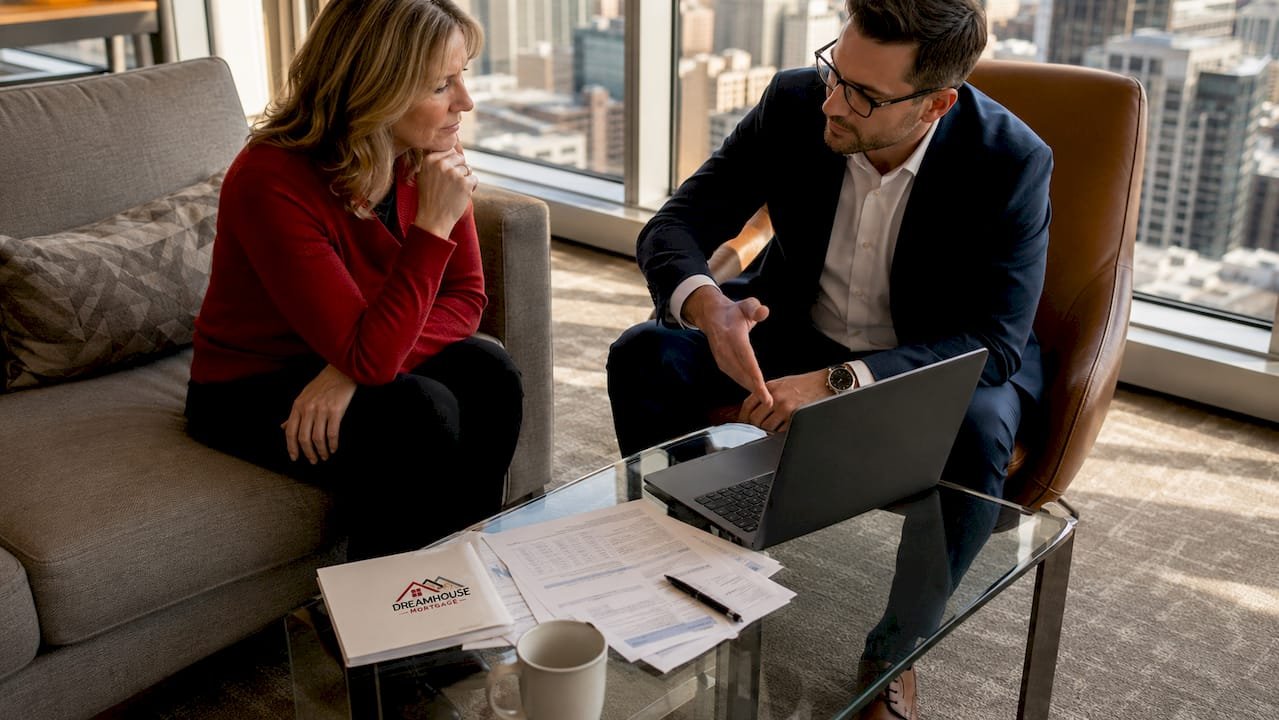 Mortgage broker consulting client in Calgary office