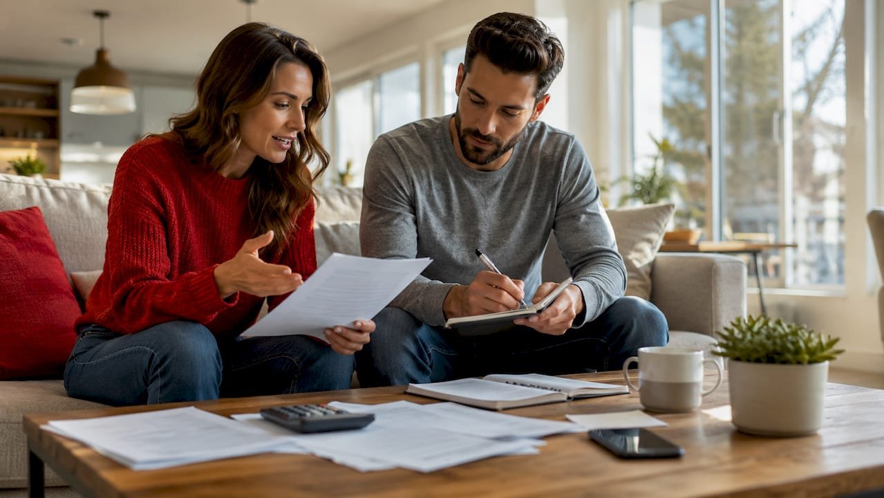 Couple discussing mortgage documents at kitchen table