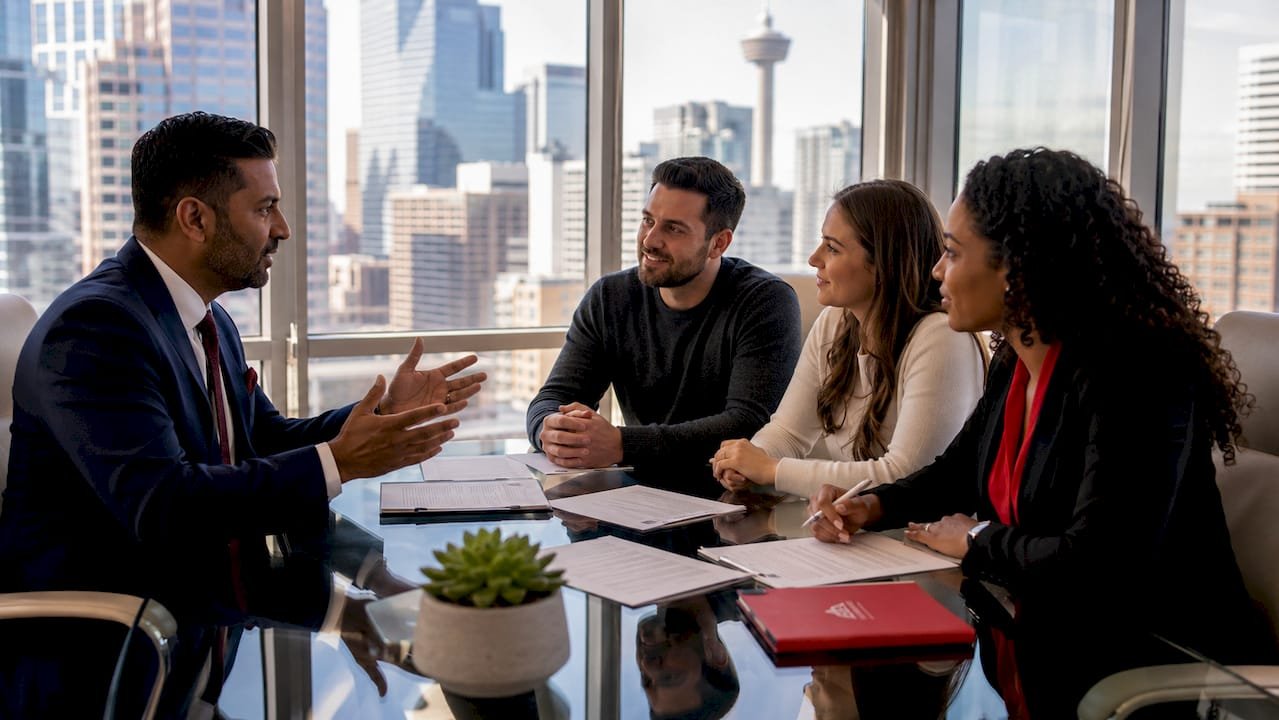 Couple discussing mortgage with broker and agent