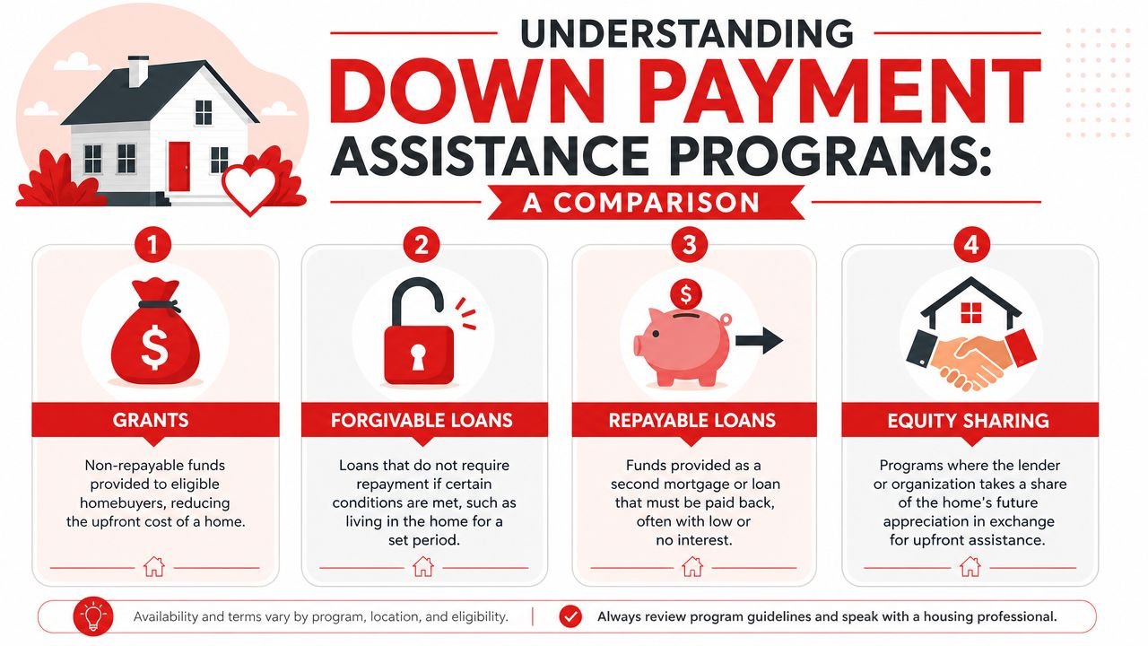 DOWN PAYMENT ASSISTANCE PROGRAMS: AN ALBERTA 2026 GUIDE 2 An infographic illustrating four different types of down payment assistance programs for homebuying: grants, forgivable loans, repayable loans, and equity sharing.