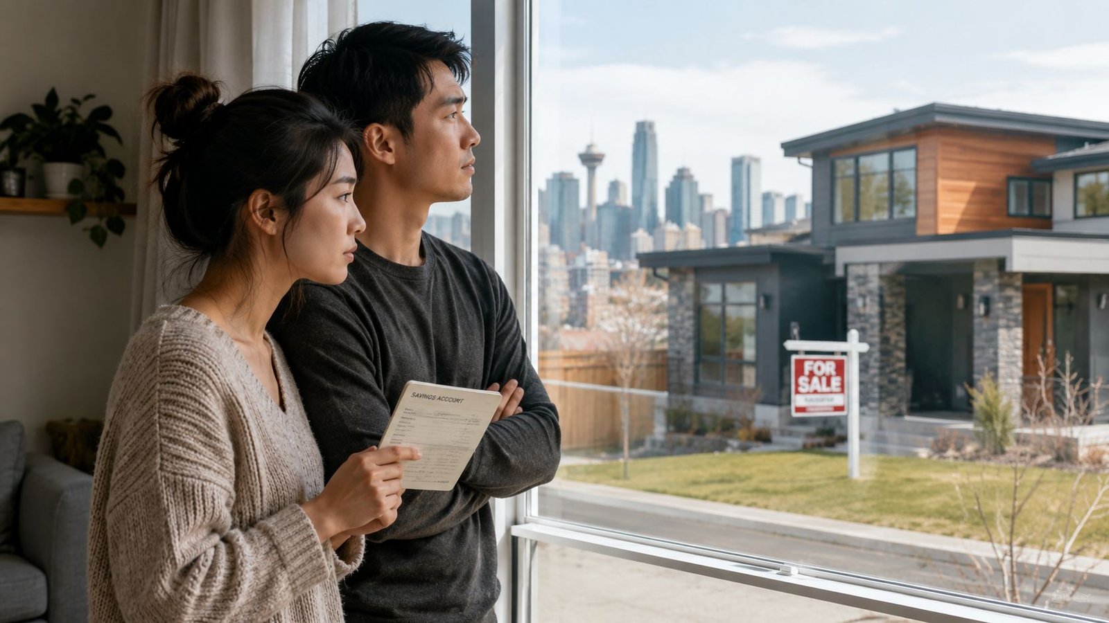 DOWN PAYMENT ASSISTANCE PROGRAMS: AN ALBERTA 2026 GUIDE 1 A couple looks out their window at a house for sale while holding a savings account book.