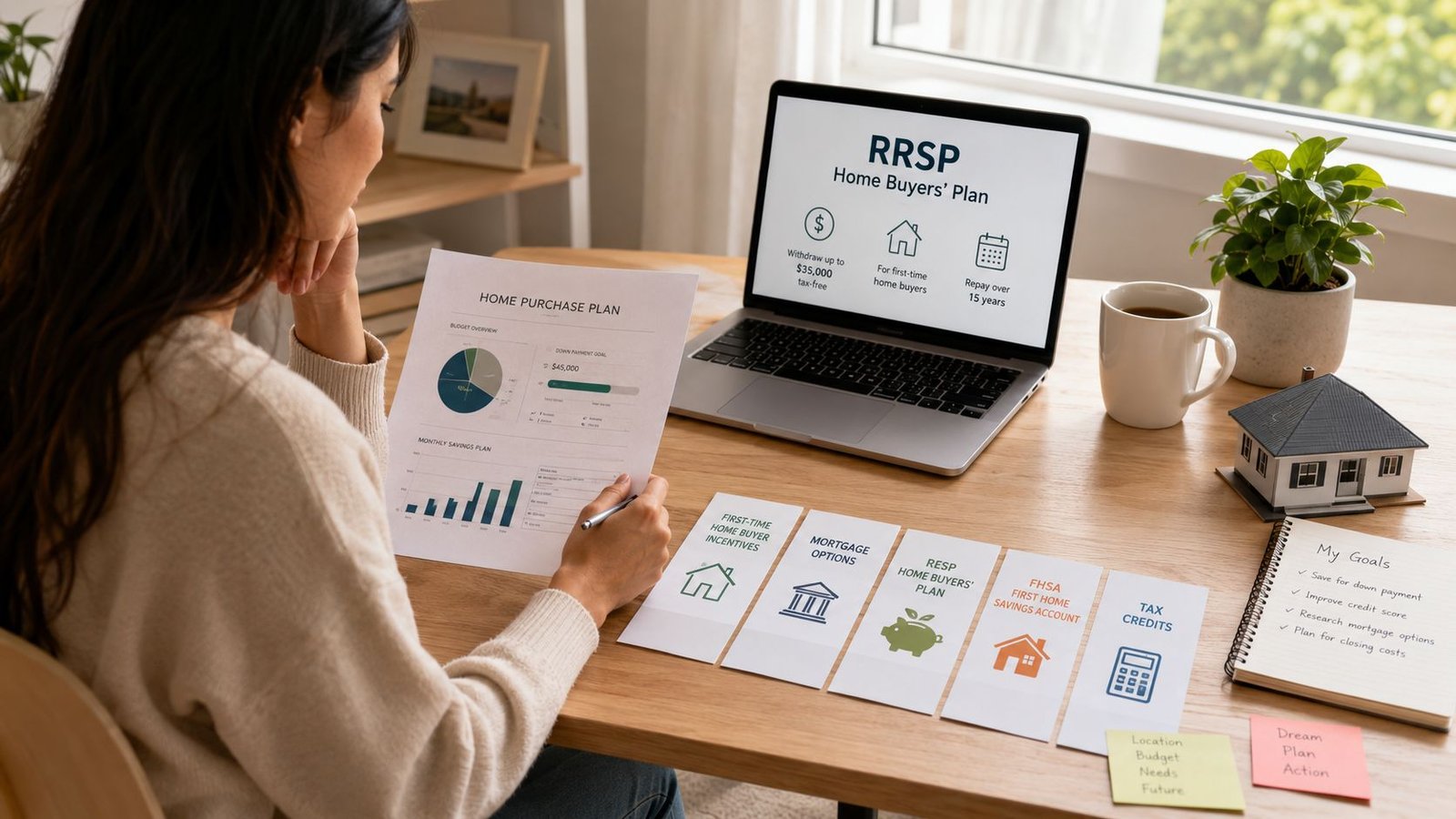 DOWN PAYMENT ASSISTANCE PROGRAMS: AN ALBERTA 2026 GUIDE 4 A woman reviewing home purchase financial plans and mortgage options on her desk with a laptop.