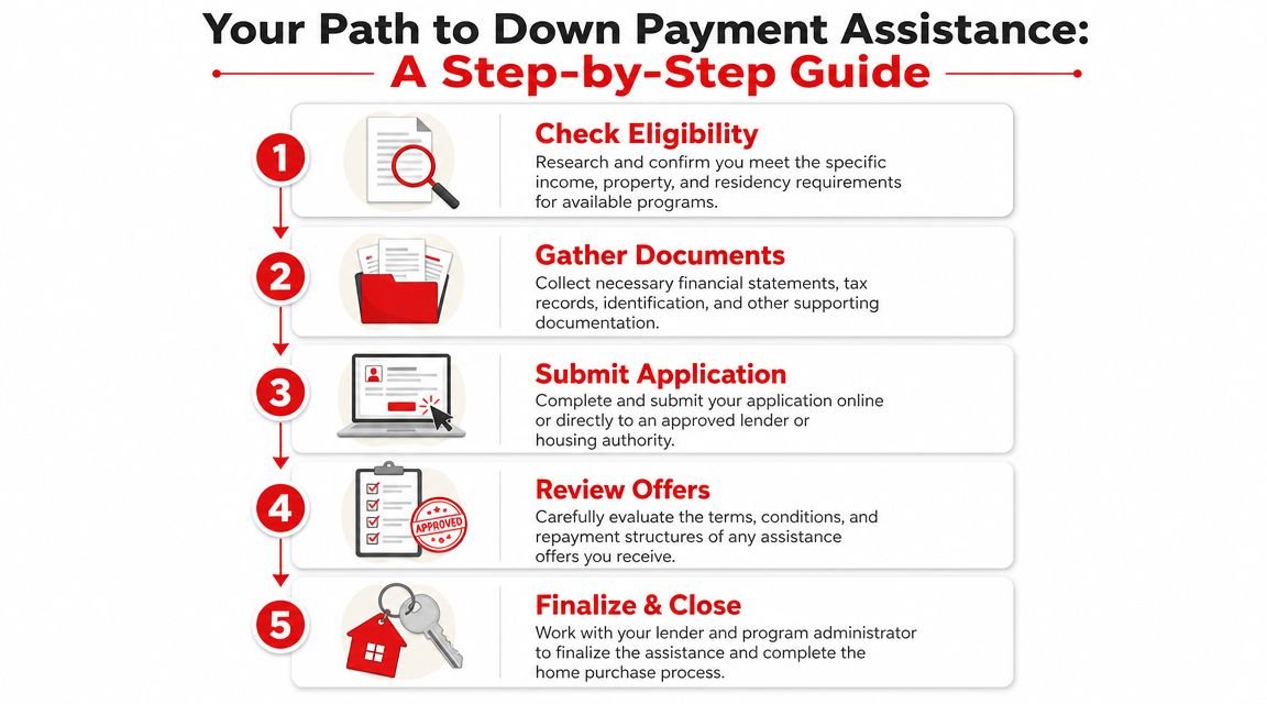 DOWN PAYMENT ASSISTANCE PROGRAMS: AN ALBERTA 2026 GUIDE 3 A five-step guide infographic explaining the process of obtaining down payment assistance for homebuyers.