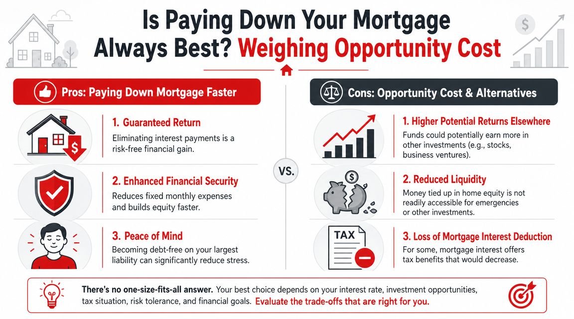 HOW CAN I PAY DOWN MY MORTGAGE FASTER: ALBERTA TIPS 3 An infographic comparing the pros and cons of paying down a mortgage versus investing money elsewhere.