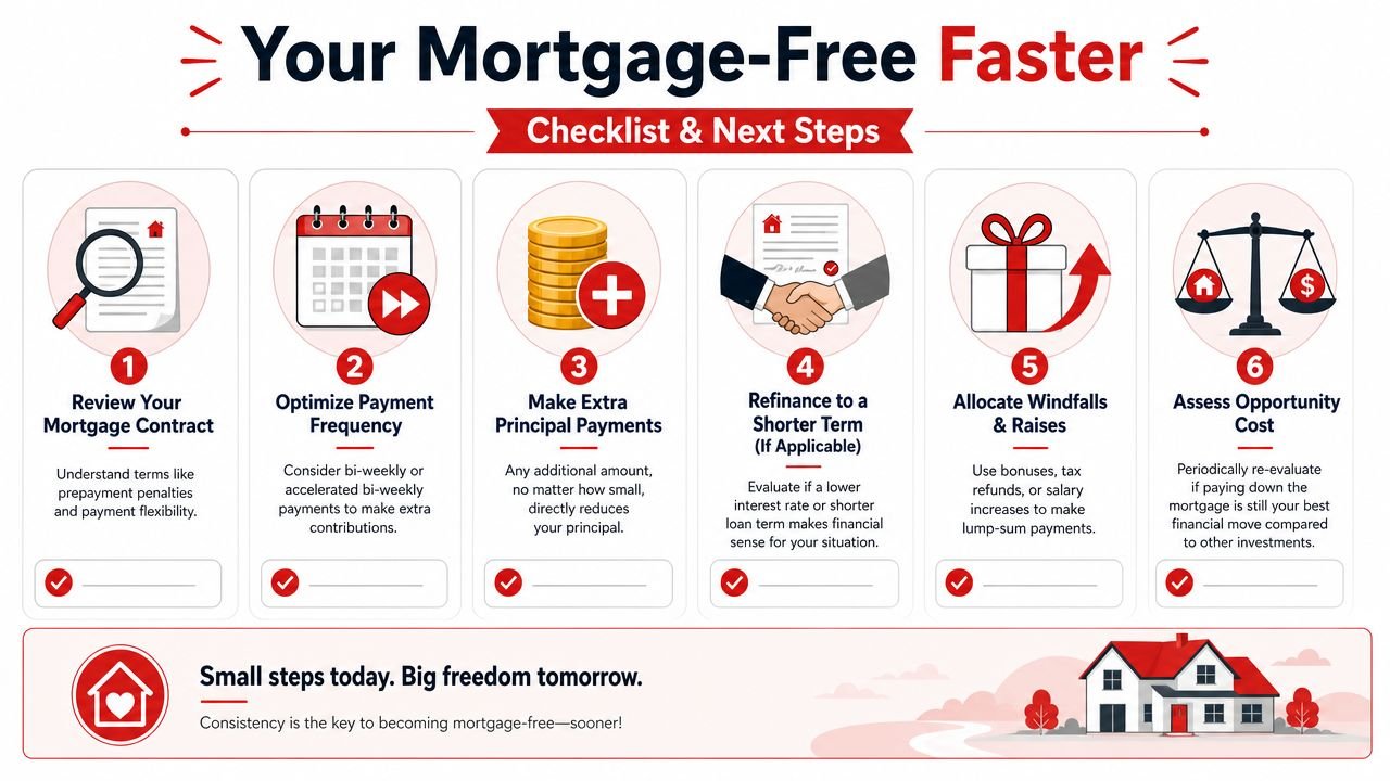 HOW CAN I PAY DOWN MY MORTGAGE FASTER: ALBERTA TIPS 4 A six-step checklist infographic illustrating practical ways to pay off a mortgage faster for financial freedom.