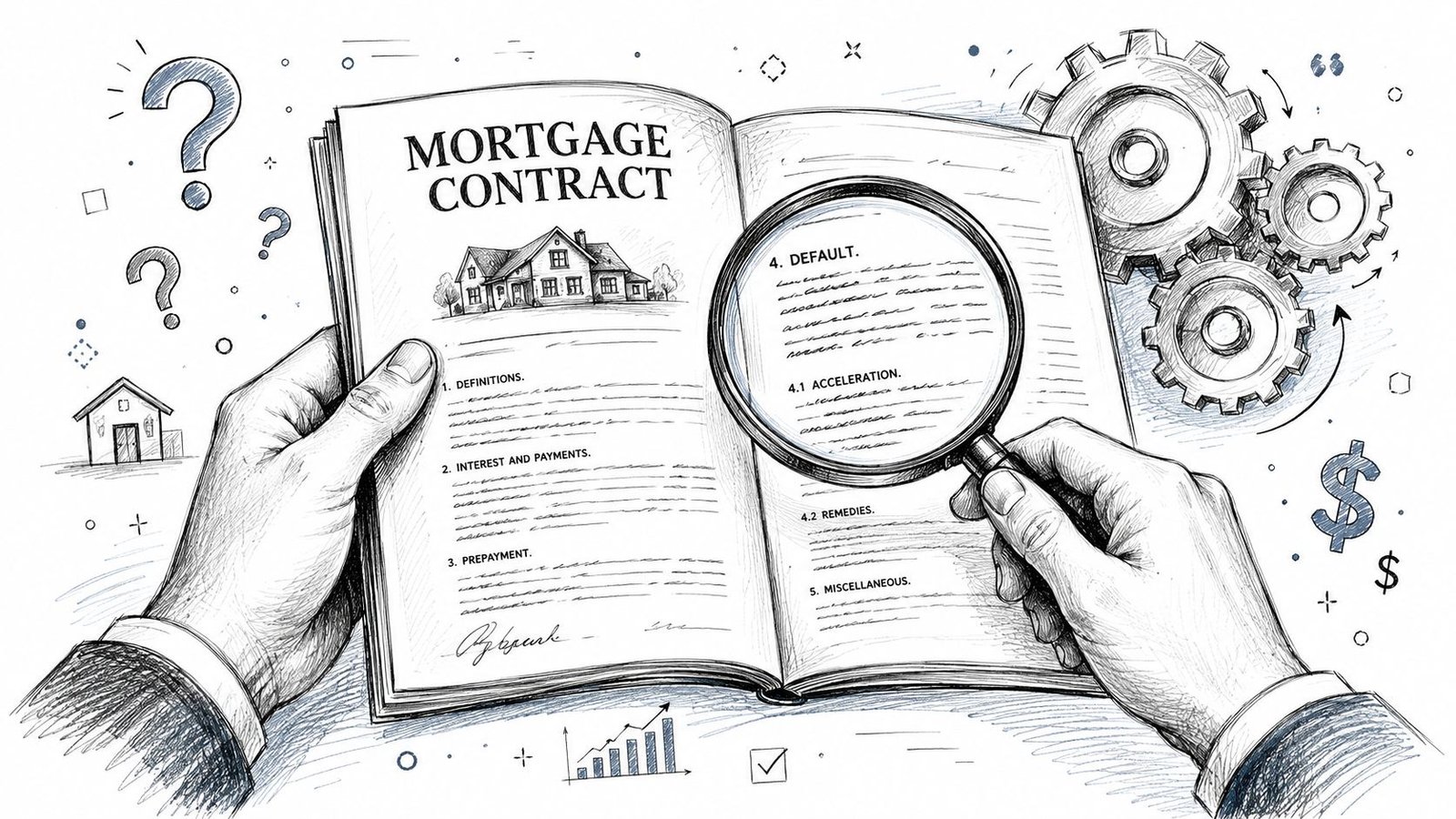 HOW CAN I PAY DOWN MY MORTGAGE FASTER: ALBERTA TIPS 1 A hand holding a magnifying glass over a mortgage contract document with various business illustrations nearby.