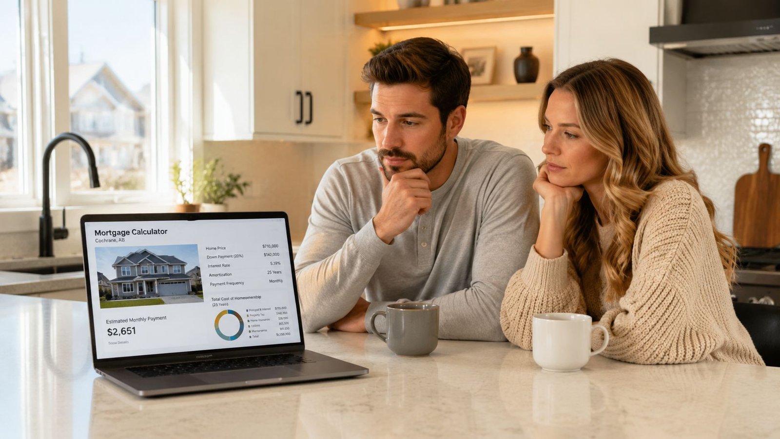 MORTGAGE BROKER FEES EXPLAINED FOR CALGARY & ALBERTA 1 A couple sits at a kitchen counter reviewing mortgage calculator details on a laptop screen together.