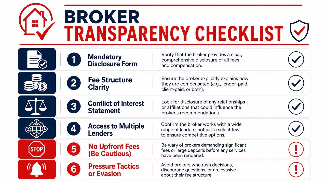 MORTGAGE BROKER FEES EXPLAINED FOR CALGARY & ALBERTA 3 A Broker Transparency Checklist infographic outlining six key considerations for vetting mortgage brokers and their fees.