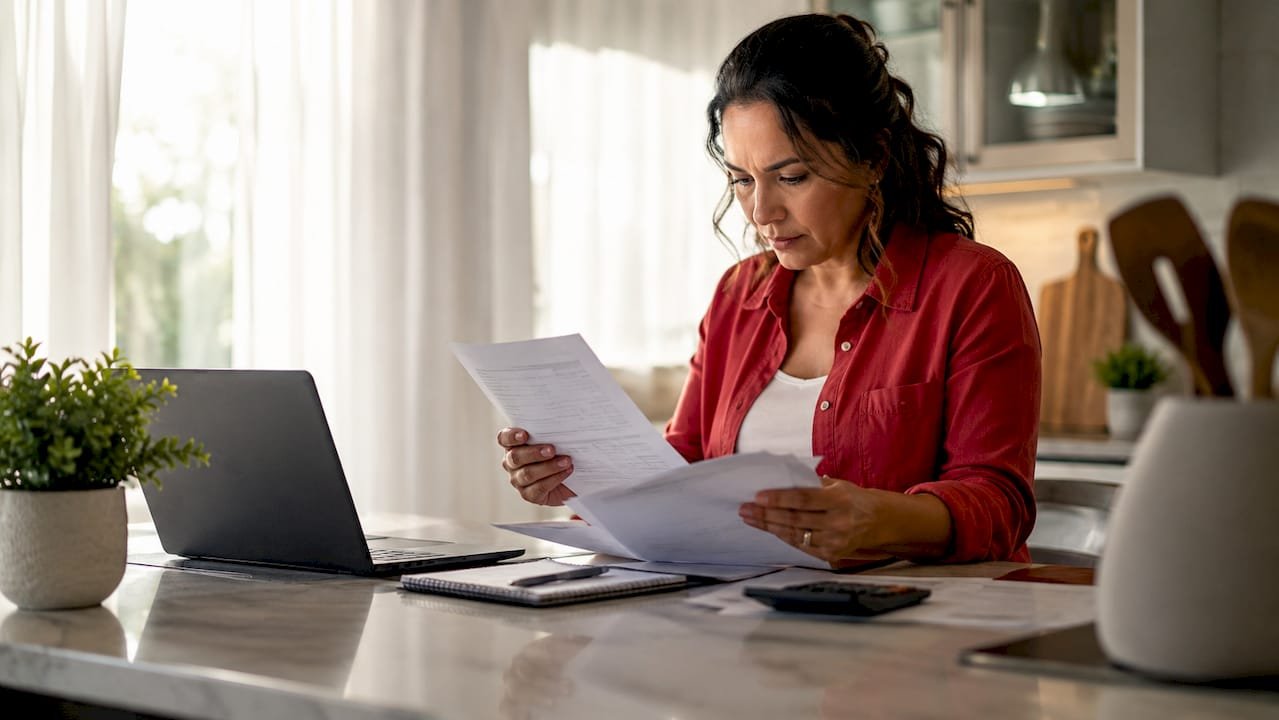 Self-employed woman reviewing mortgage income documents