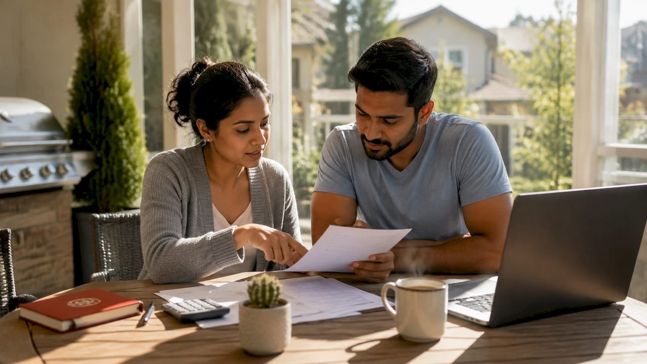 Young couple reviewing mortgage papers at home