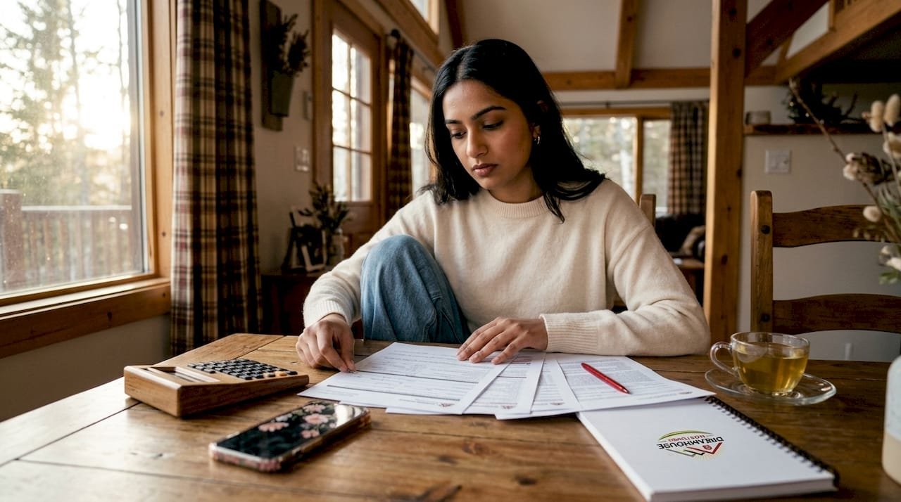 Woman reviewing mortgage documents at kitchen table
