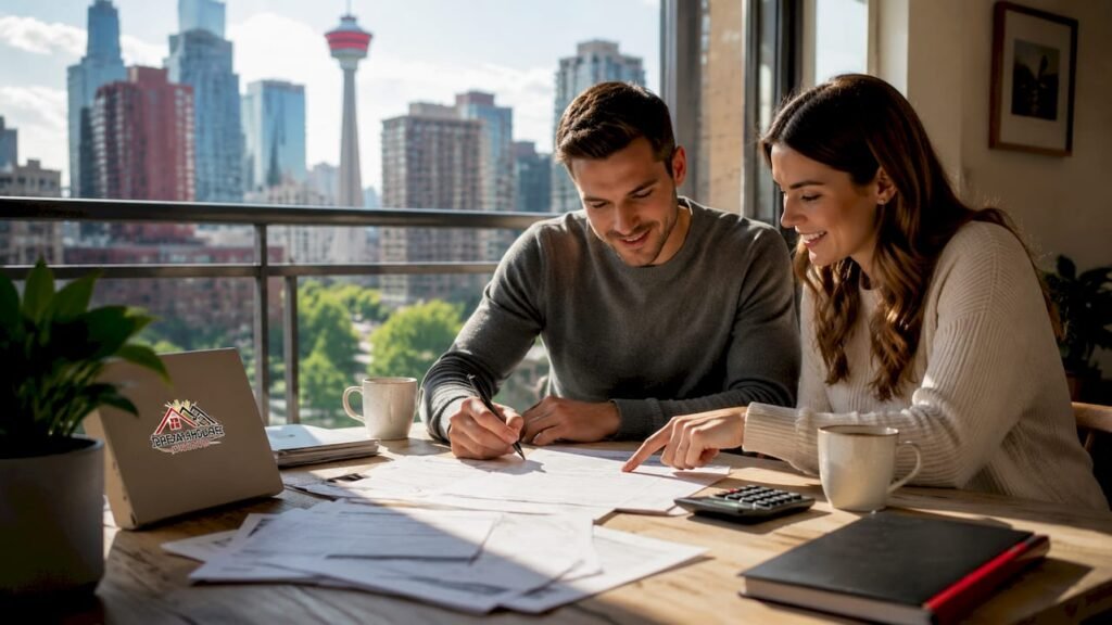 Young couple reviewing mortgage documents at kitchen table