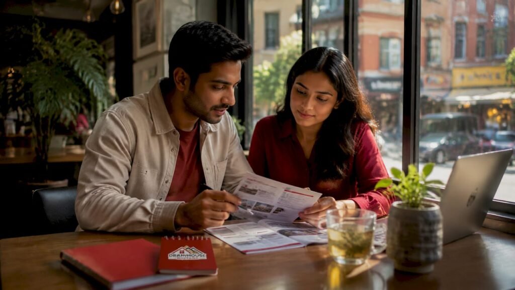 Couple reviewing home buyer incentives documents at table