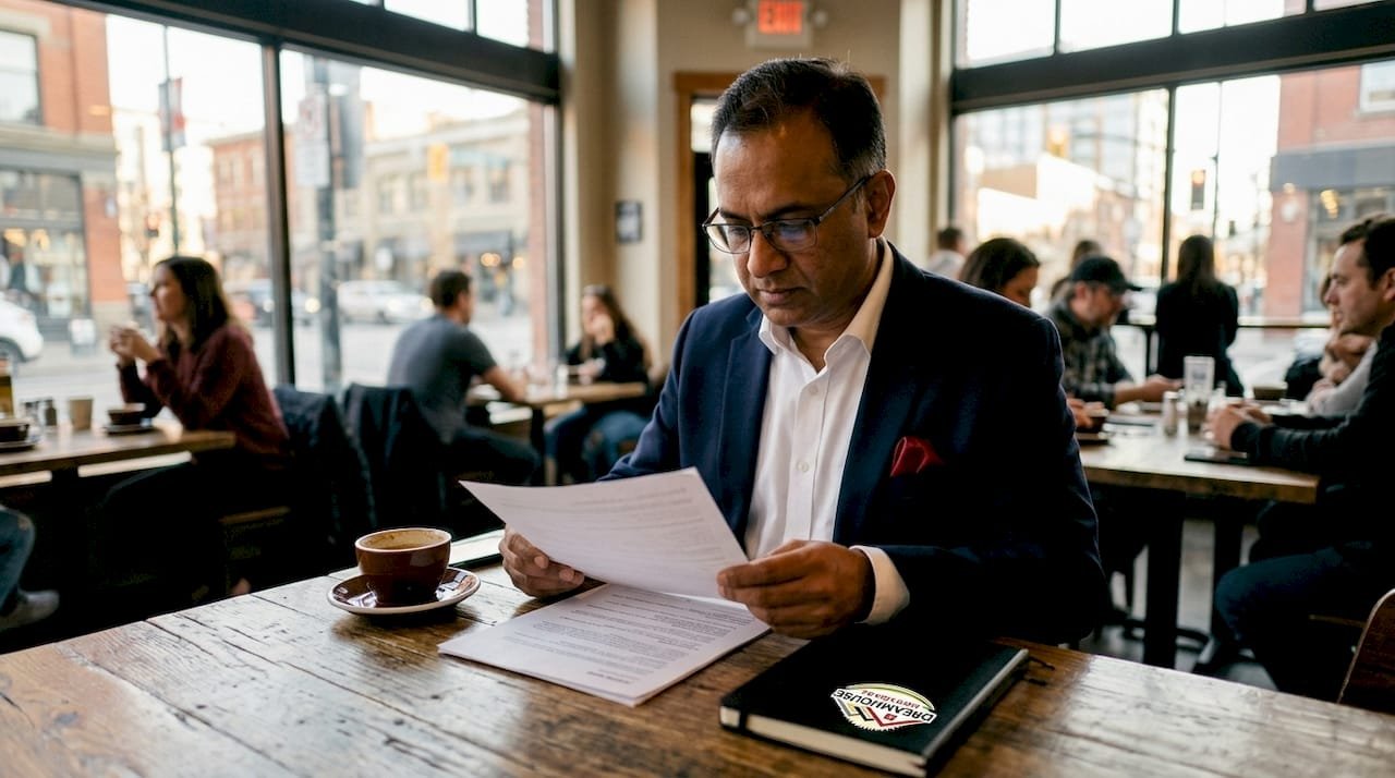 Man reviewing mortgage documents at kitchen table