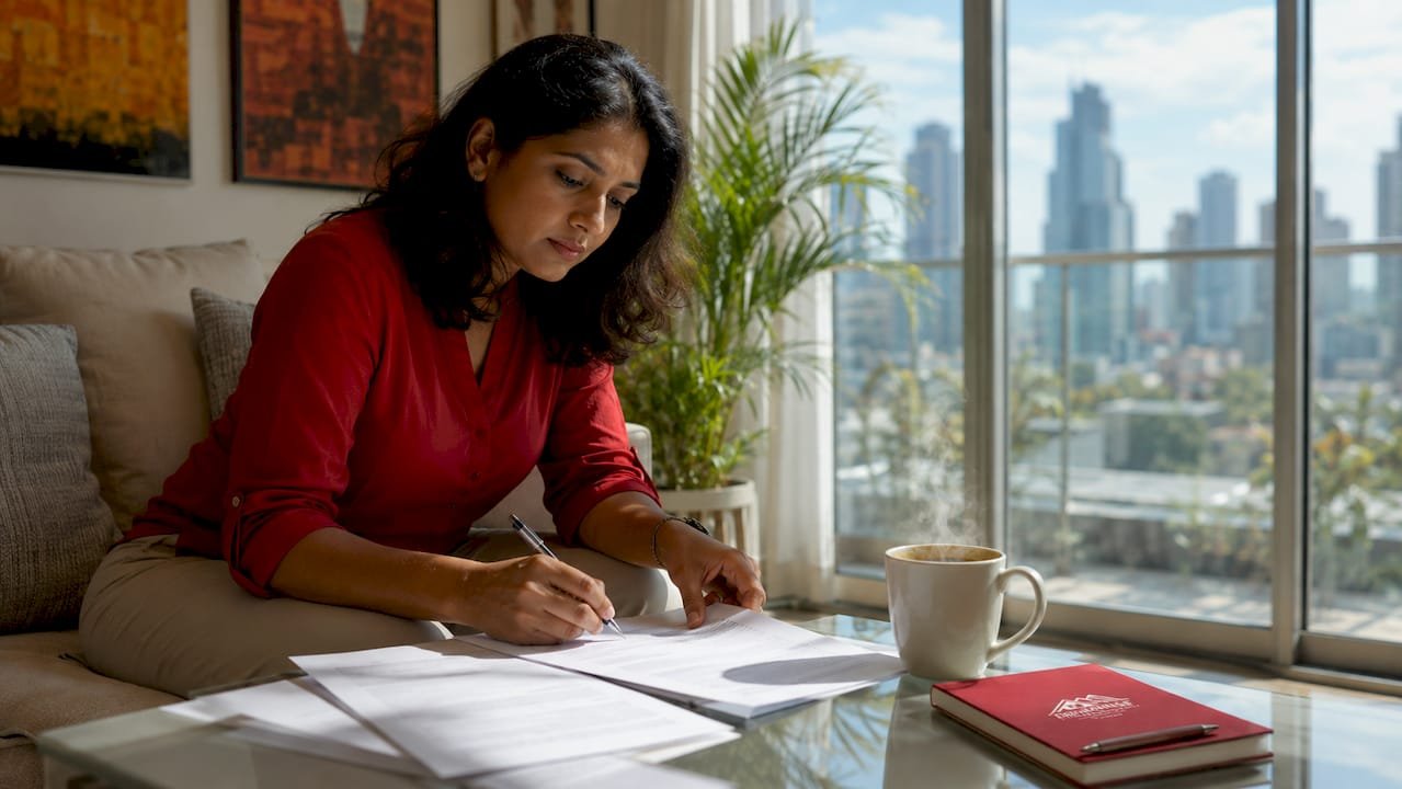 Woman reviewing mortgage documents at home
