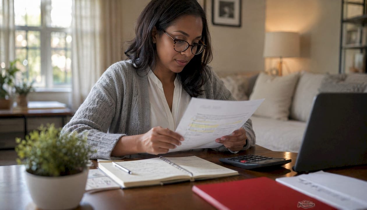 Woman reviewing mortgage documents indoors