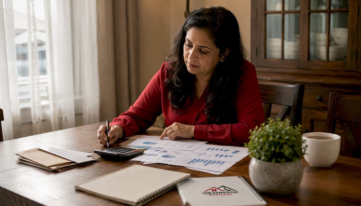 Woman reviewing monthly home budget at kitchen table