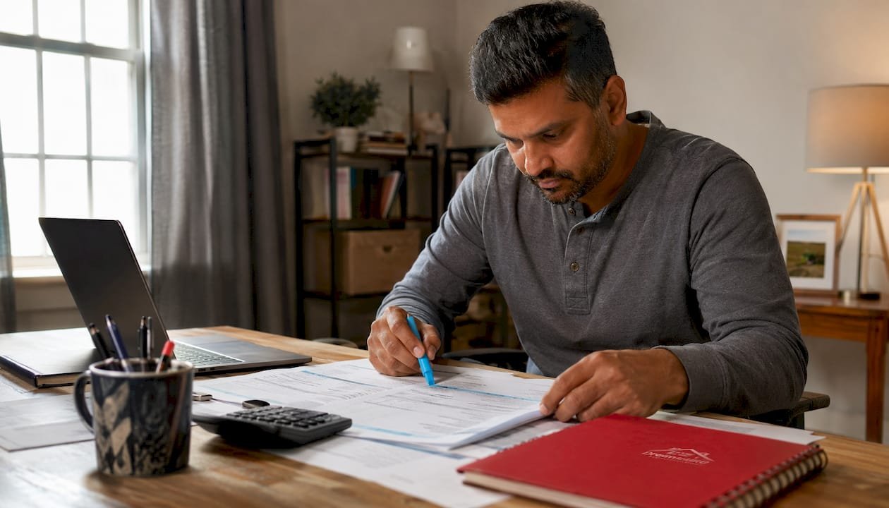 Man reviewing Canadian mortgage documents at kitchen table