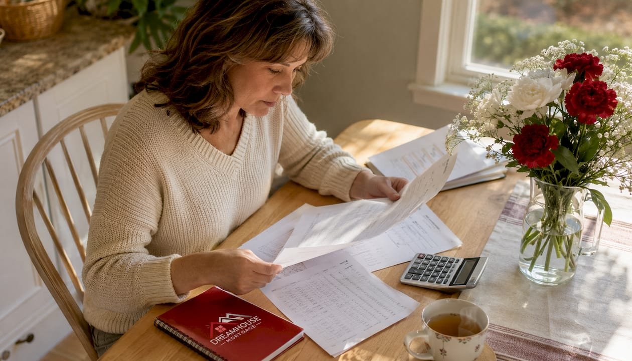 Woman reviewing mortgage papers at home