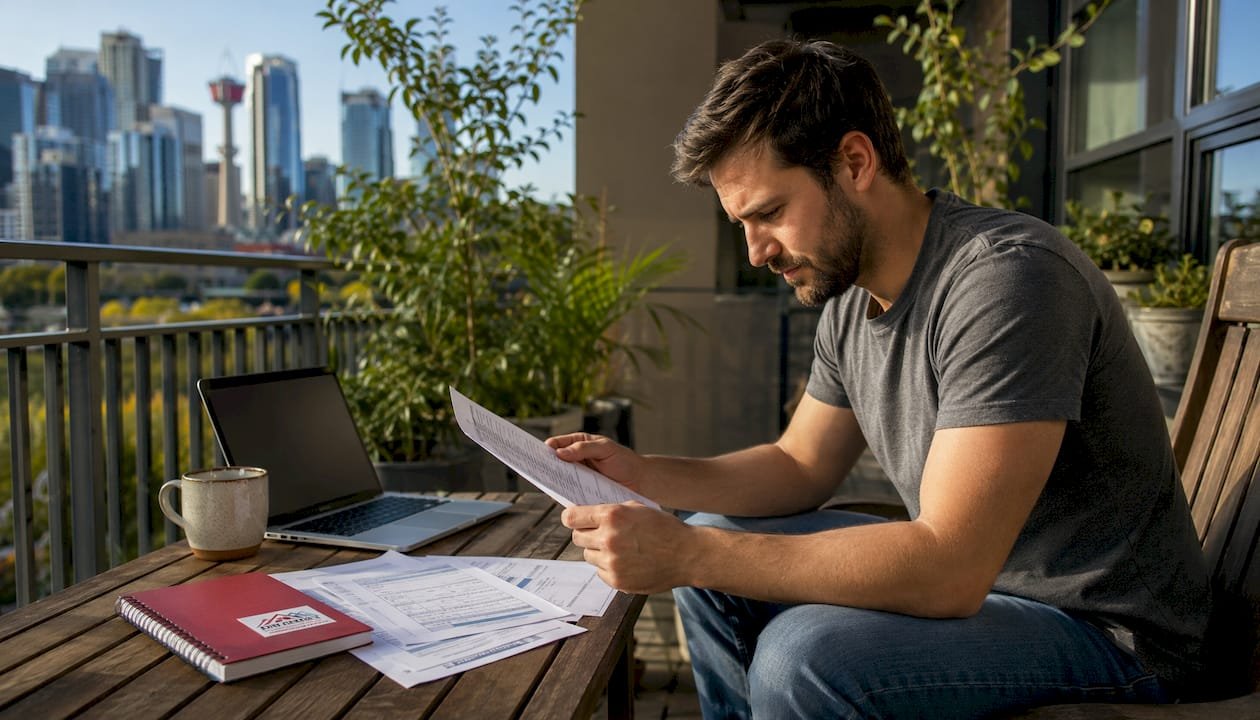 Freelancer reviewing mortgage documents at home