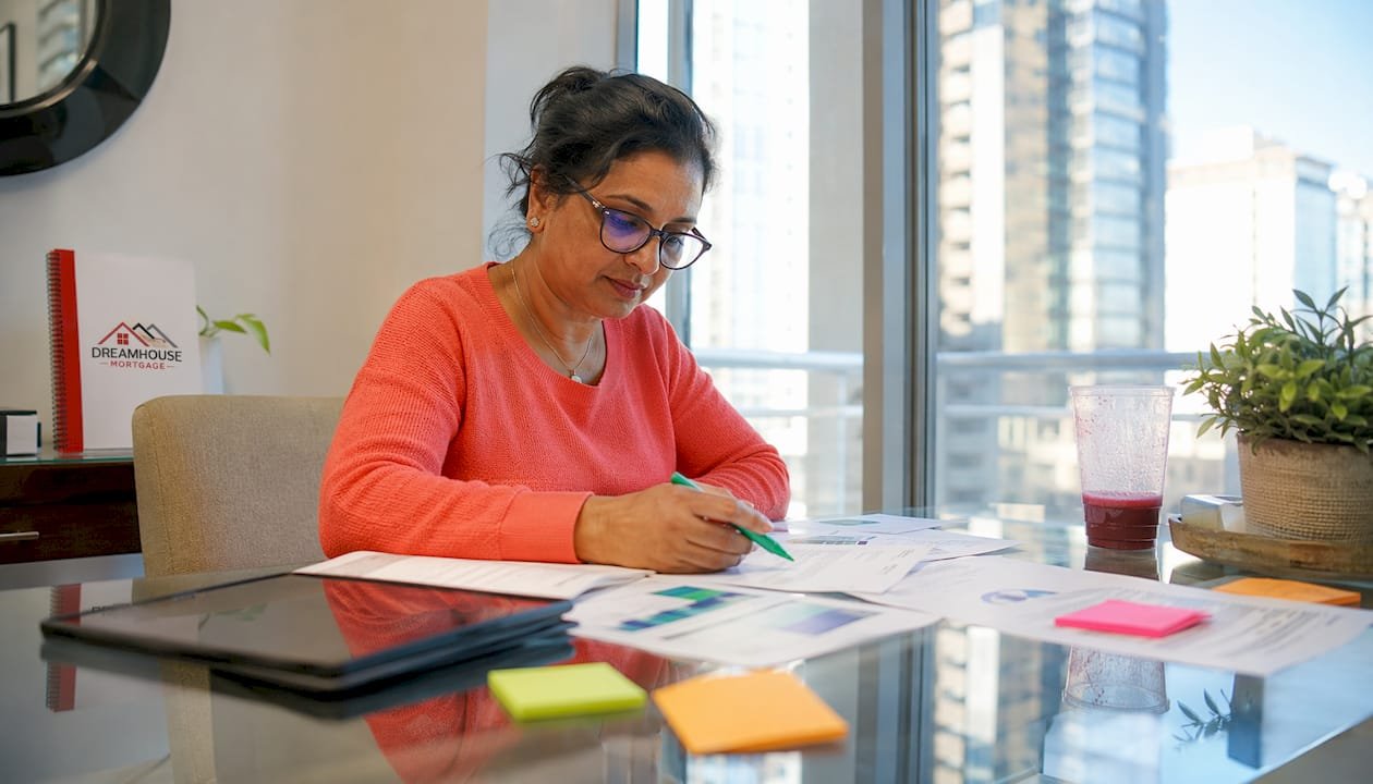 Woman reviewing residential mortgage documents at home