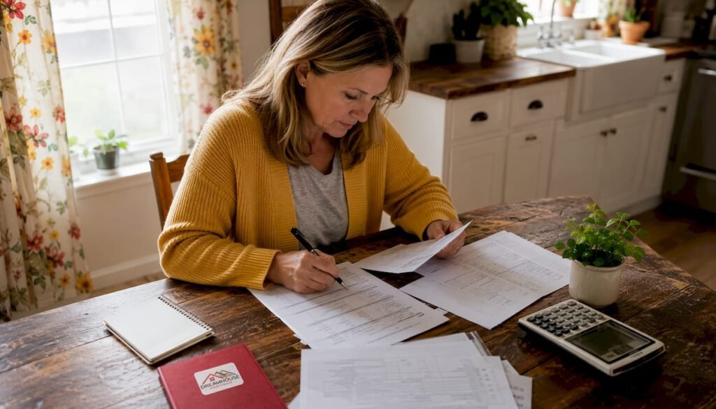 7 TIPS FOR FIRST TIME RENTAL PROPERTY BUYERS (2026) 5 Woman reviewing mortgage credit documents at home