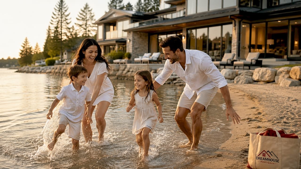 Family playing outside luxury acreage home