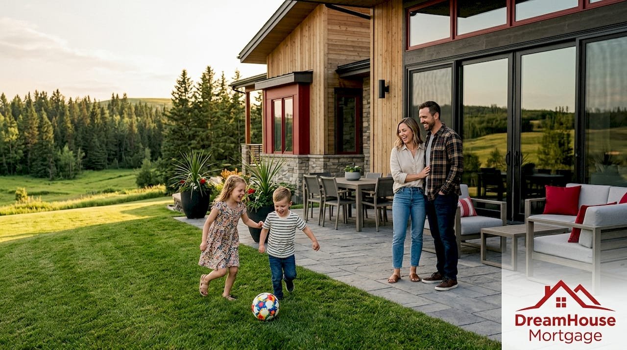 Family playing in front yard of luxury home