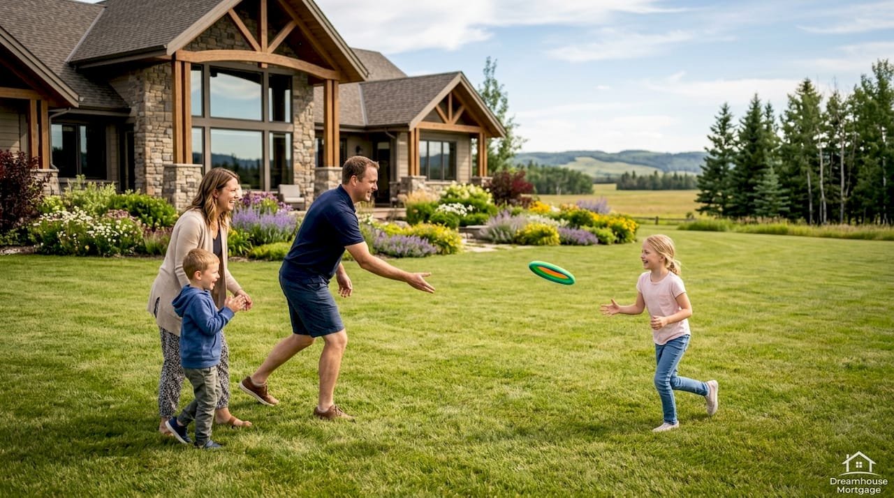 Family playing outside luxury Alberta acreage home