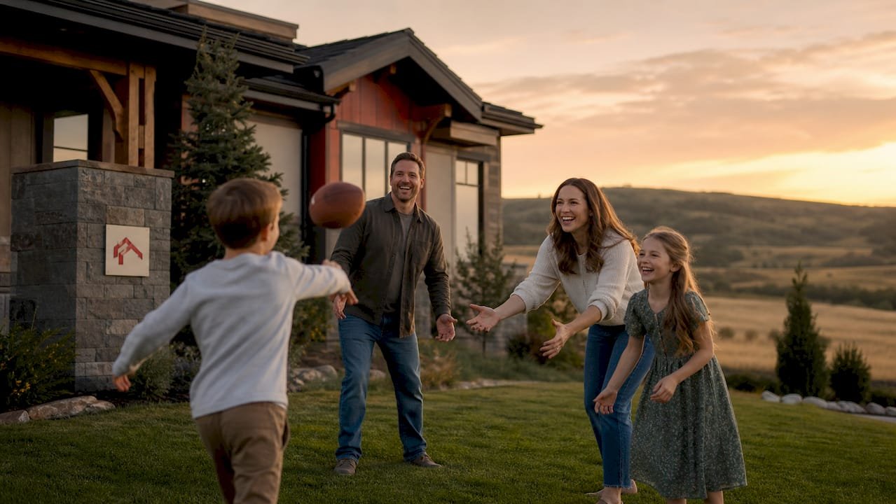 Family playing outside luxury vacation home