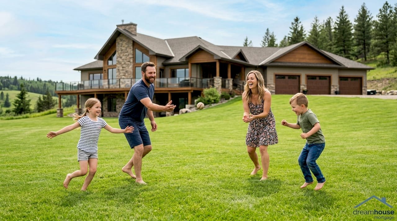 Family playing catch on luxury acreage lawn