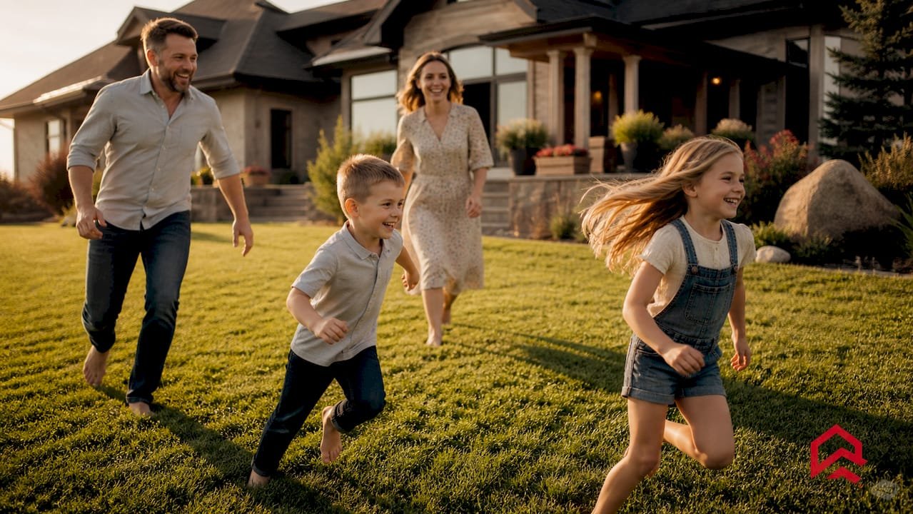 Family playing outside luxury Alberta home