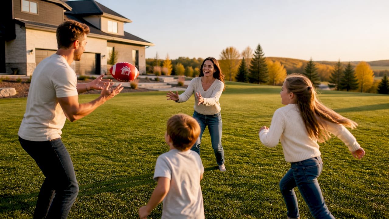Family playing catch on luxury acreage yard