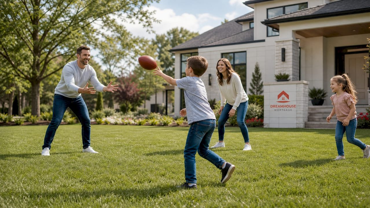 Family playing on acreage lawn outside luxury home