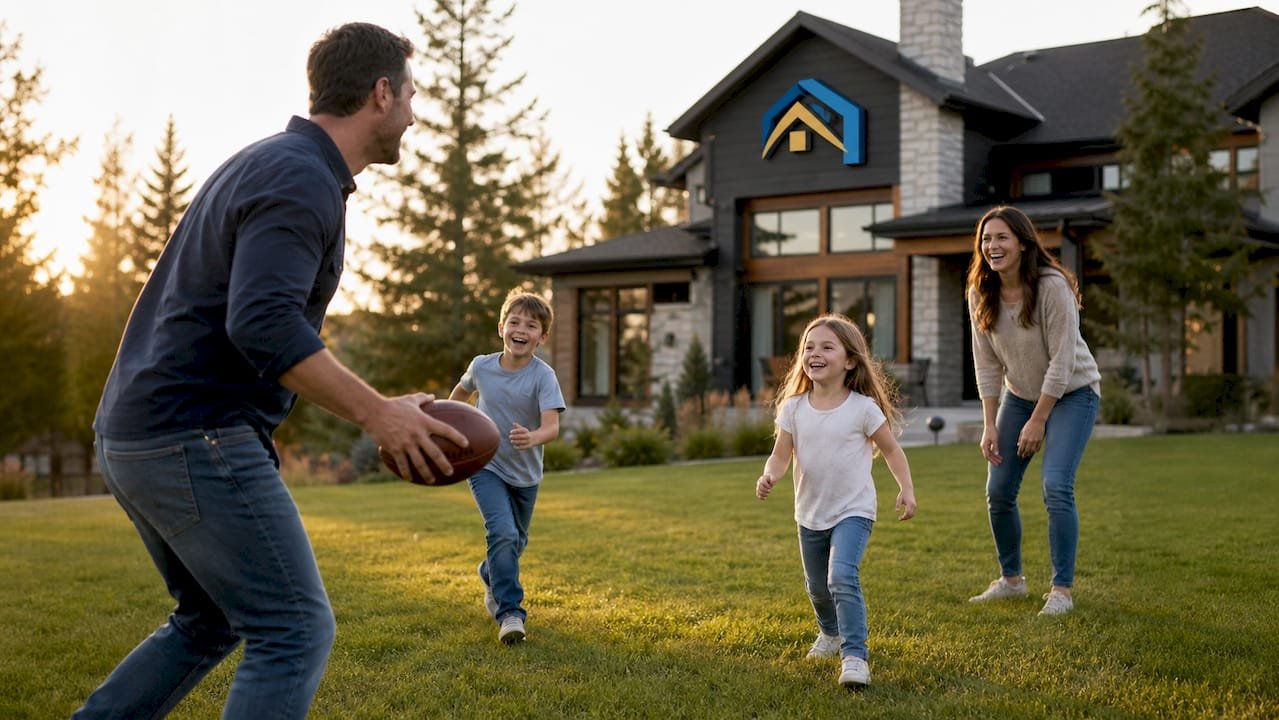 Family playing catch by luxury acreage home