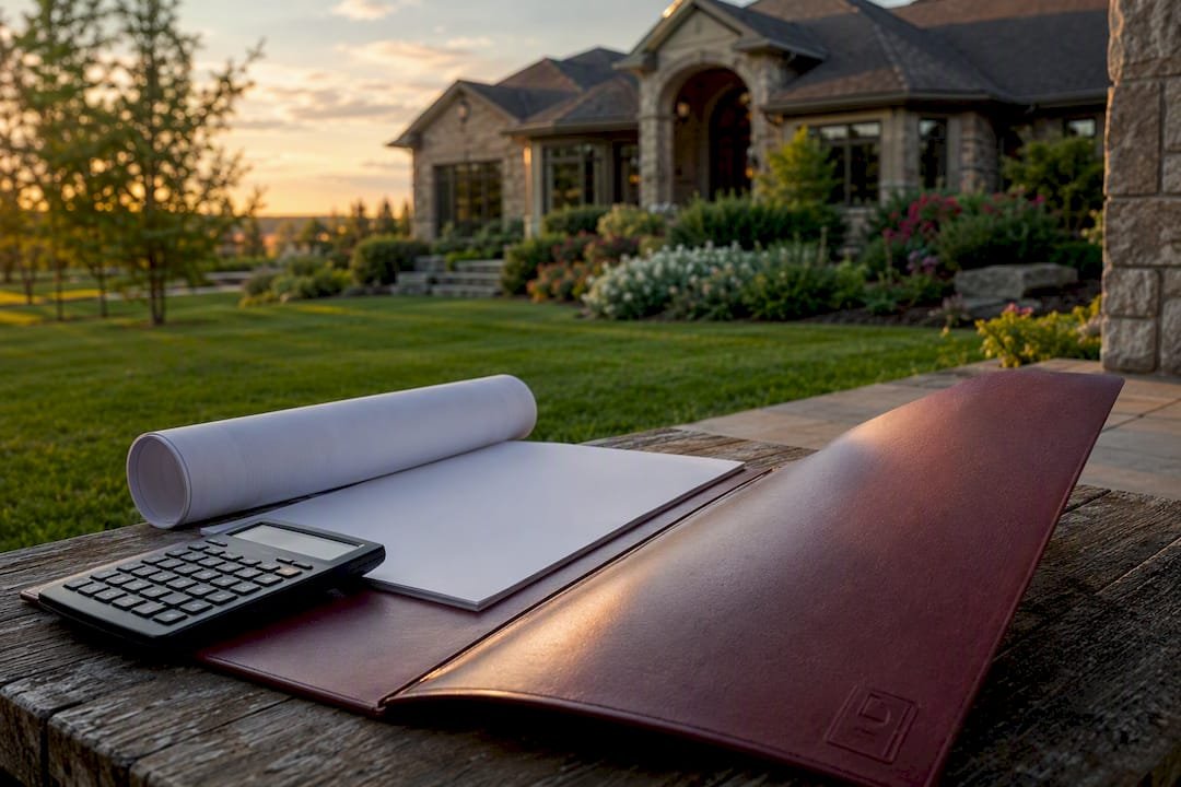 Luxury acreage home entry with mortgage folder and calculator
