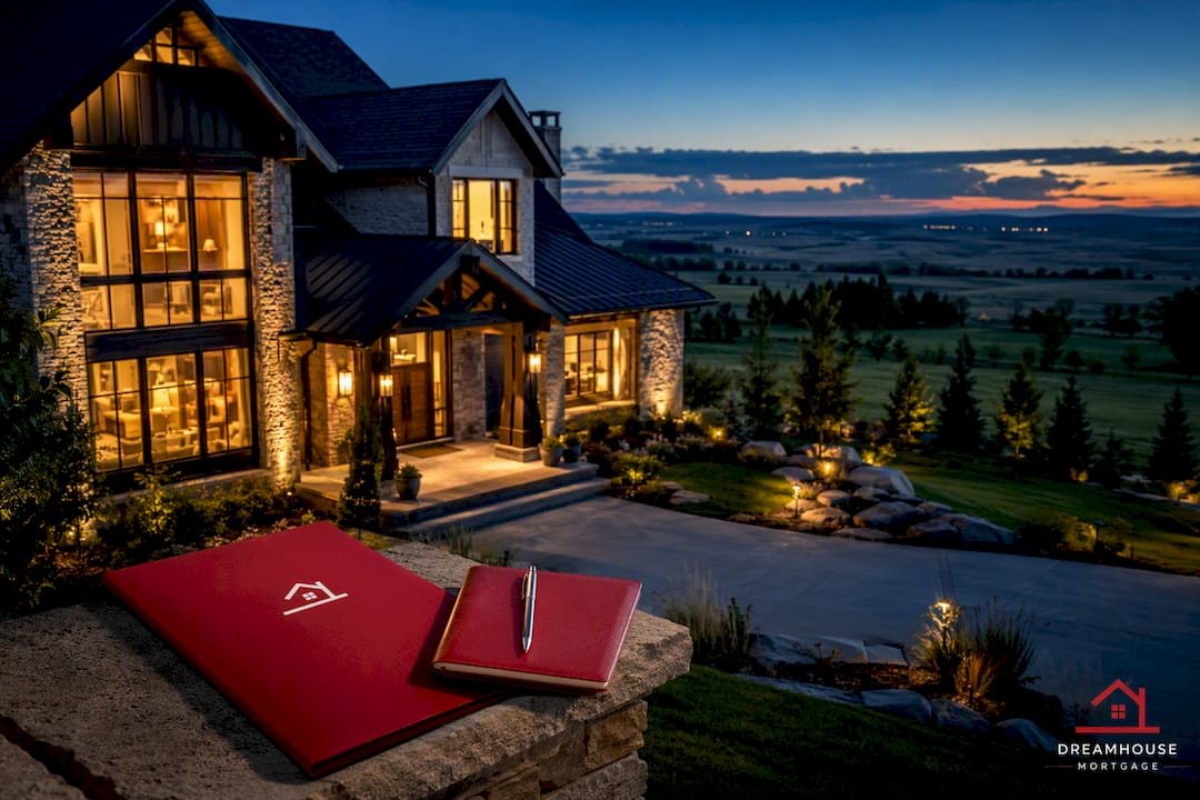 Luxury Alberta acreage home at blue hour