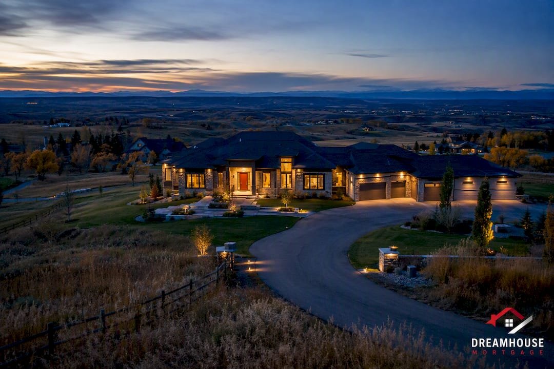 Luxury Calgary acreage home at twilight