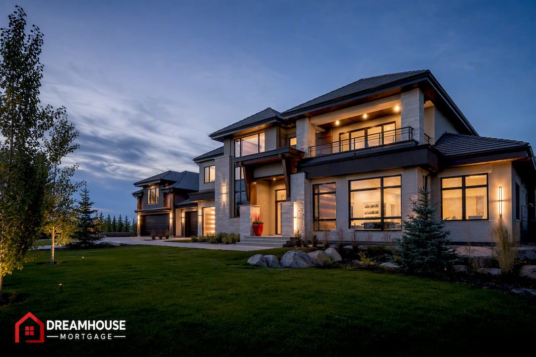 Luxury Calgary acreage home at dusk