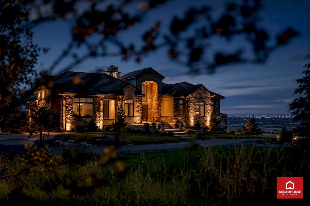 Luxury Calgary acreage home at blue hour
