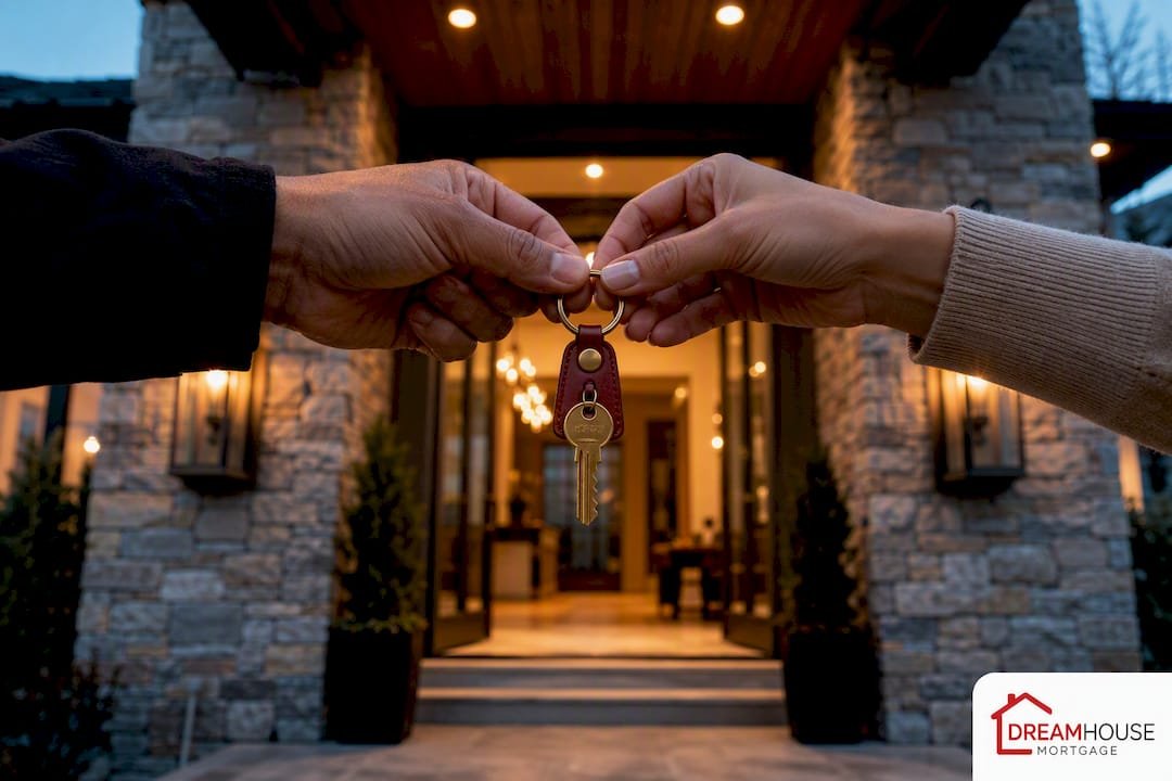 Hands sharing a key at luxury home entrance