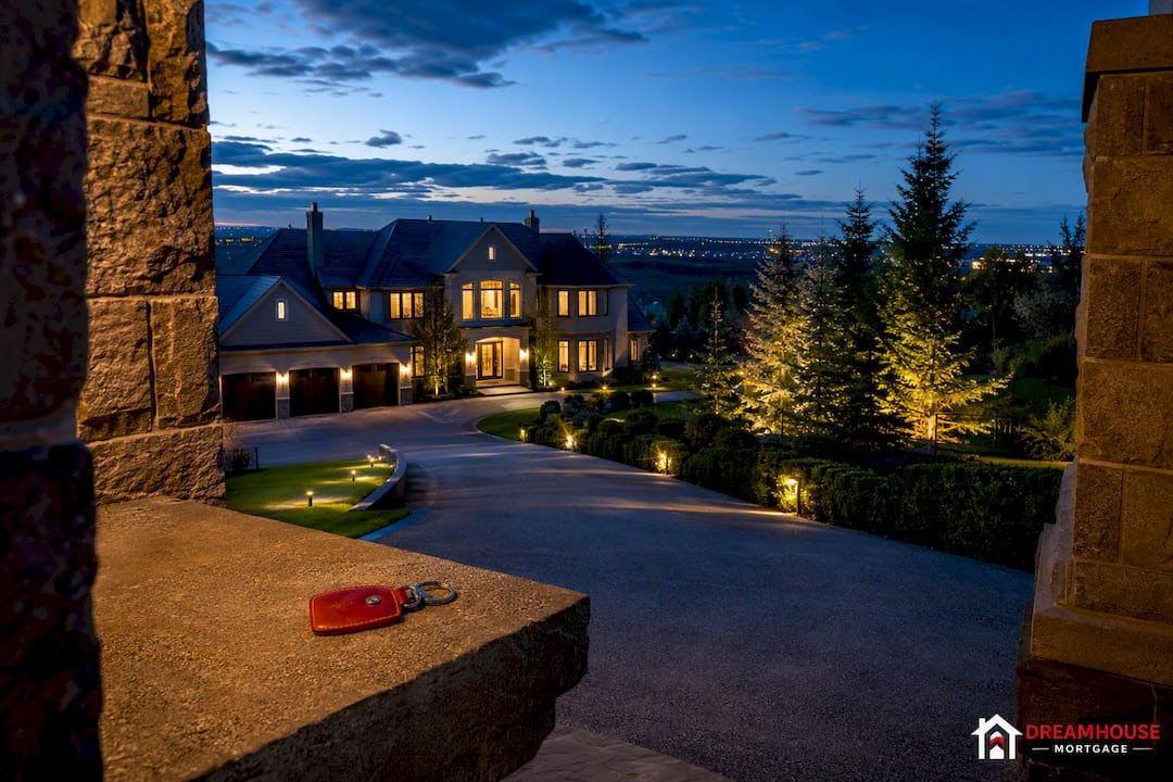Calgary luxury acreage home at dusk
