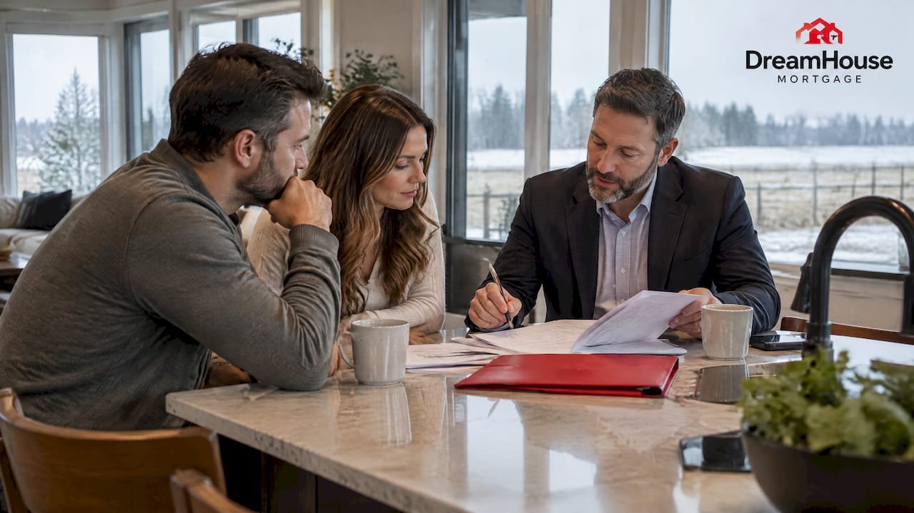 Mortgage comparison conversation inside luxury acreage home
