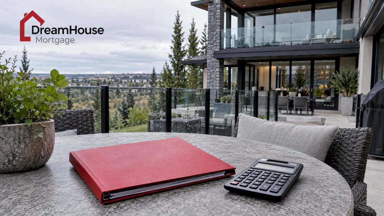 Mortgage folder beside Calgary luxury home