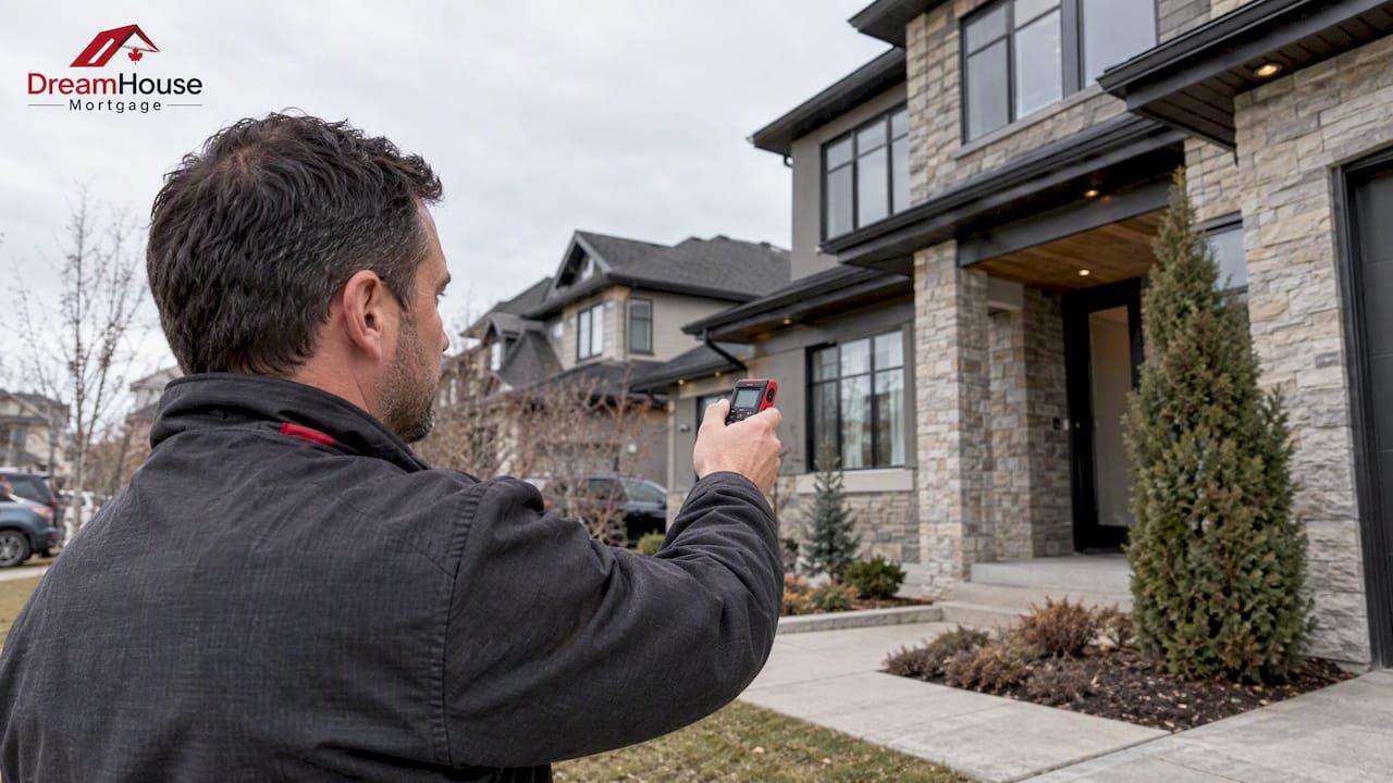 Appraiser measuring a luxury Calgary home's exterior