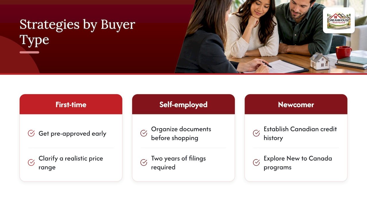 Strategy by Buyer Type: First-Time, Self-Employed, and Newcomer Buyers — overview diagram