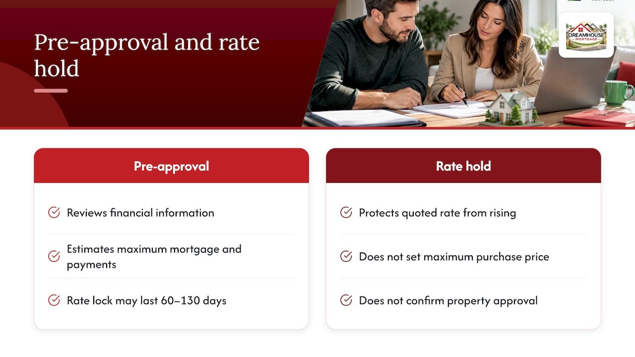 RATE HOLD VS. PREAPPROVAL: WHY CALGARY BUYERS NEED BOTH 1 What is a pre-approval, and what is a rate hold in Canada? — overview diagram