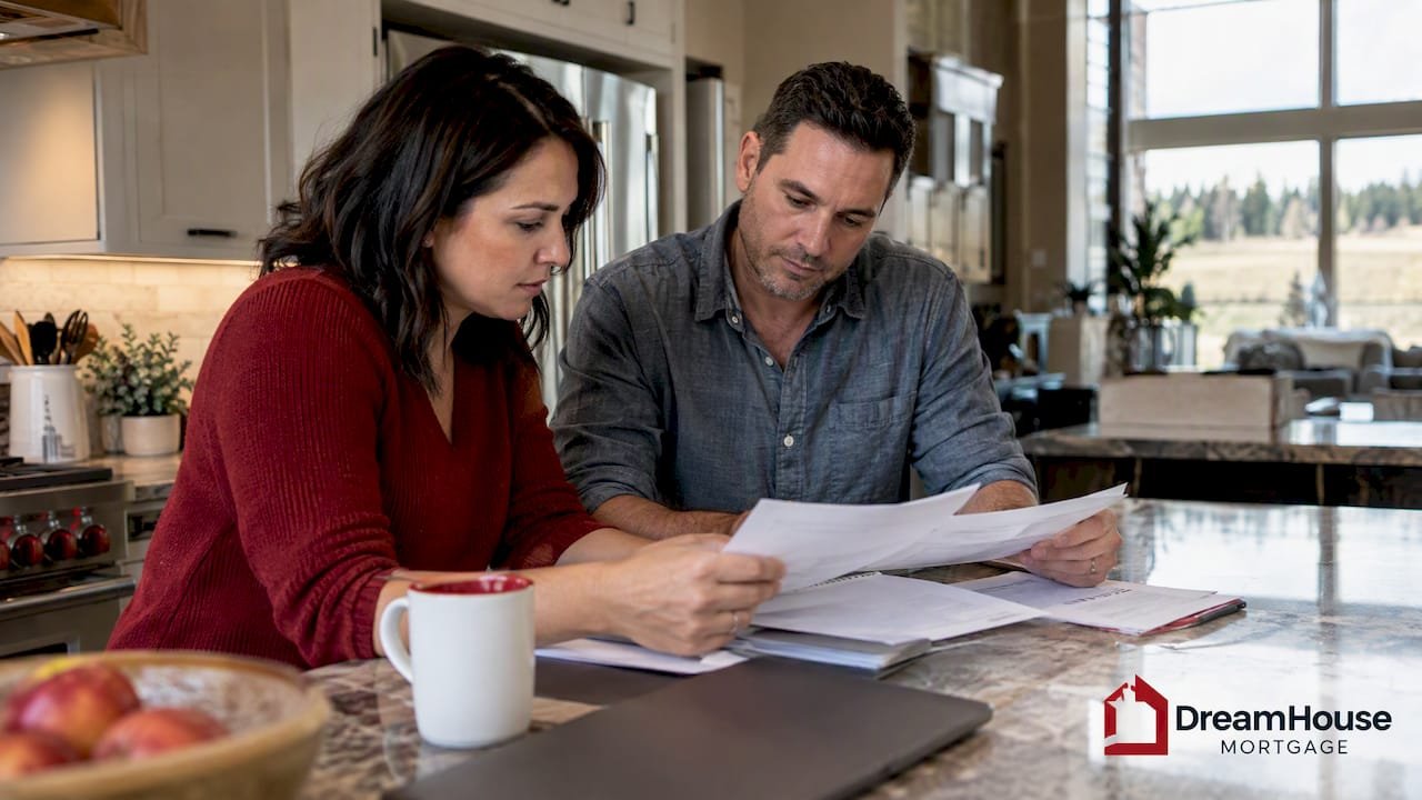 Spouses reviewing title transfer papers at home